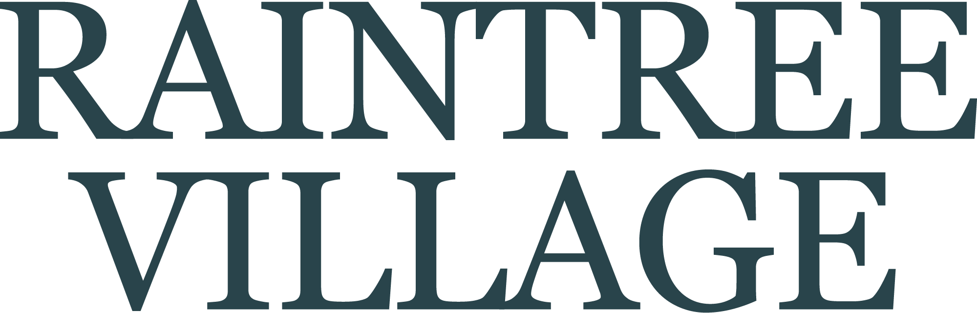 The image shows the words "RAIN TREE VILLAGE" in large, bold letters.